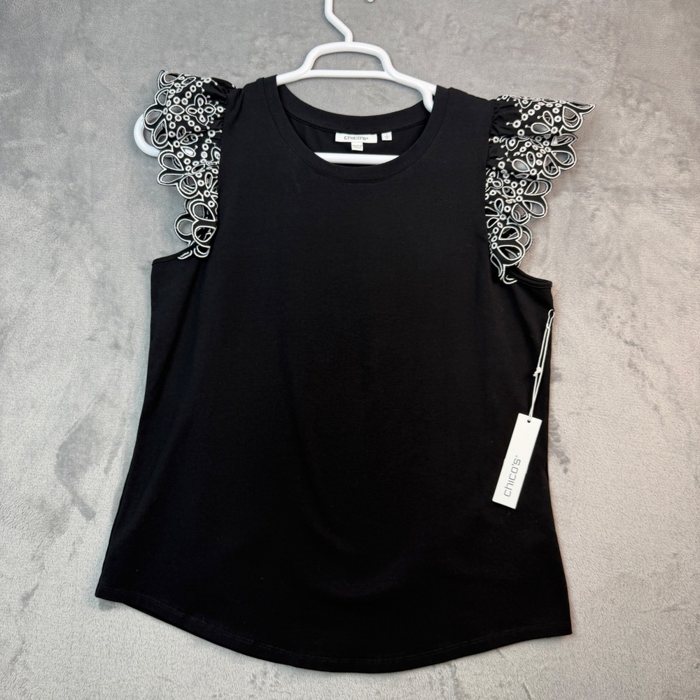 Chicos Top‎ Women 1 M Black Eyelet Flutter Sleeve Minimalist Cottagecore Casual